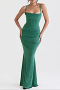 Vestido Maxi Sirena Verde Bosque con Cuello Drapeado