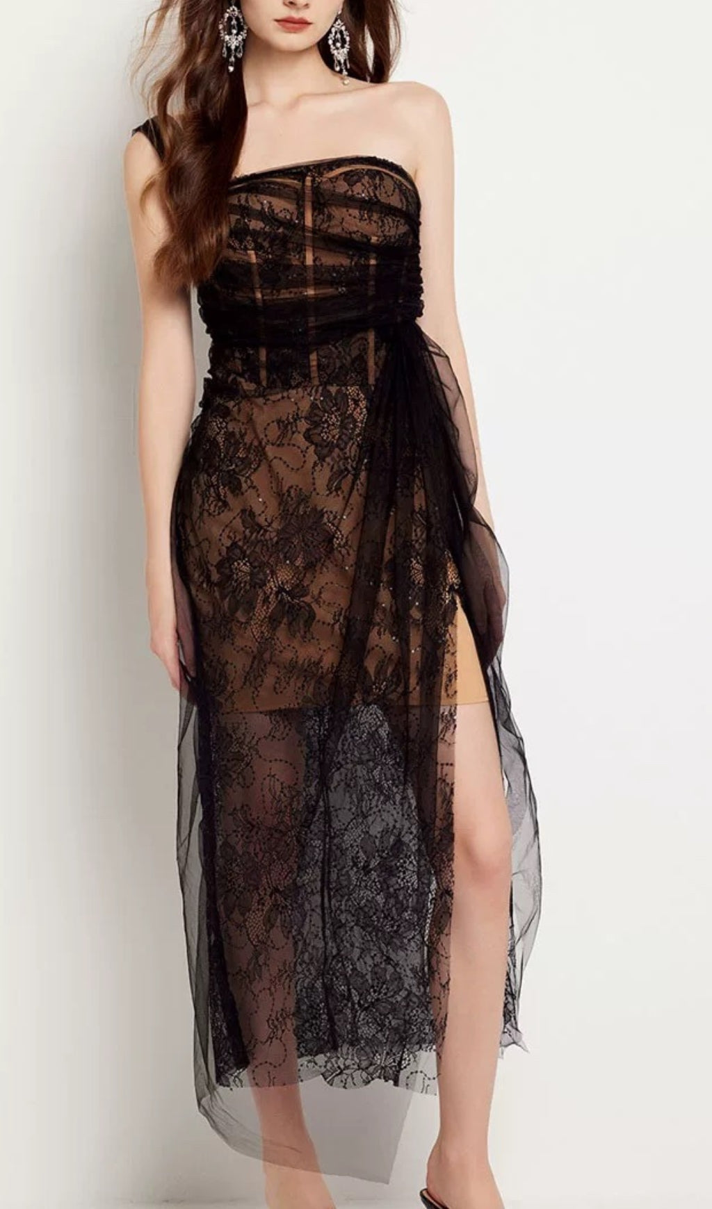 Vestido Midi Asimétrico de Malla Fruncida