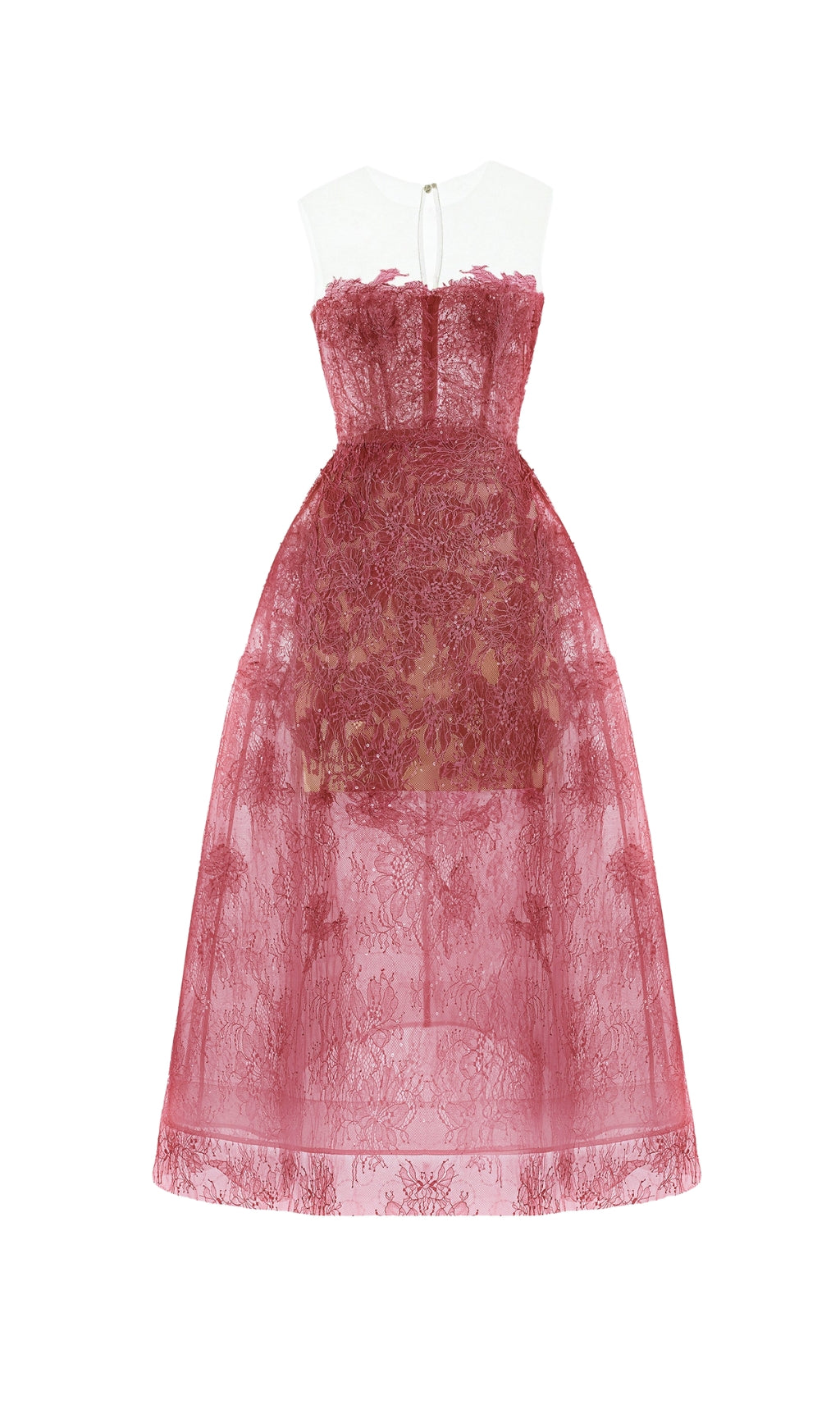Vestido Midi Rojo de Encaje Floral Bordado