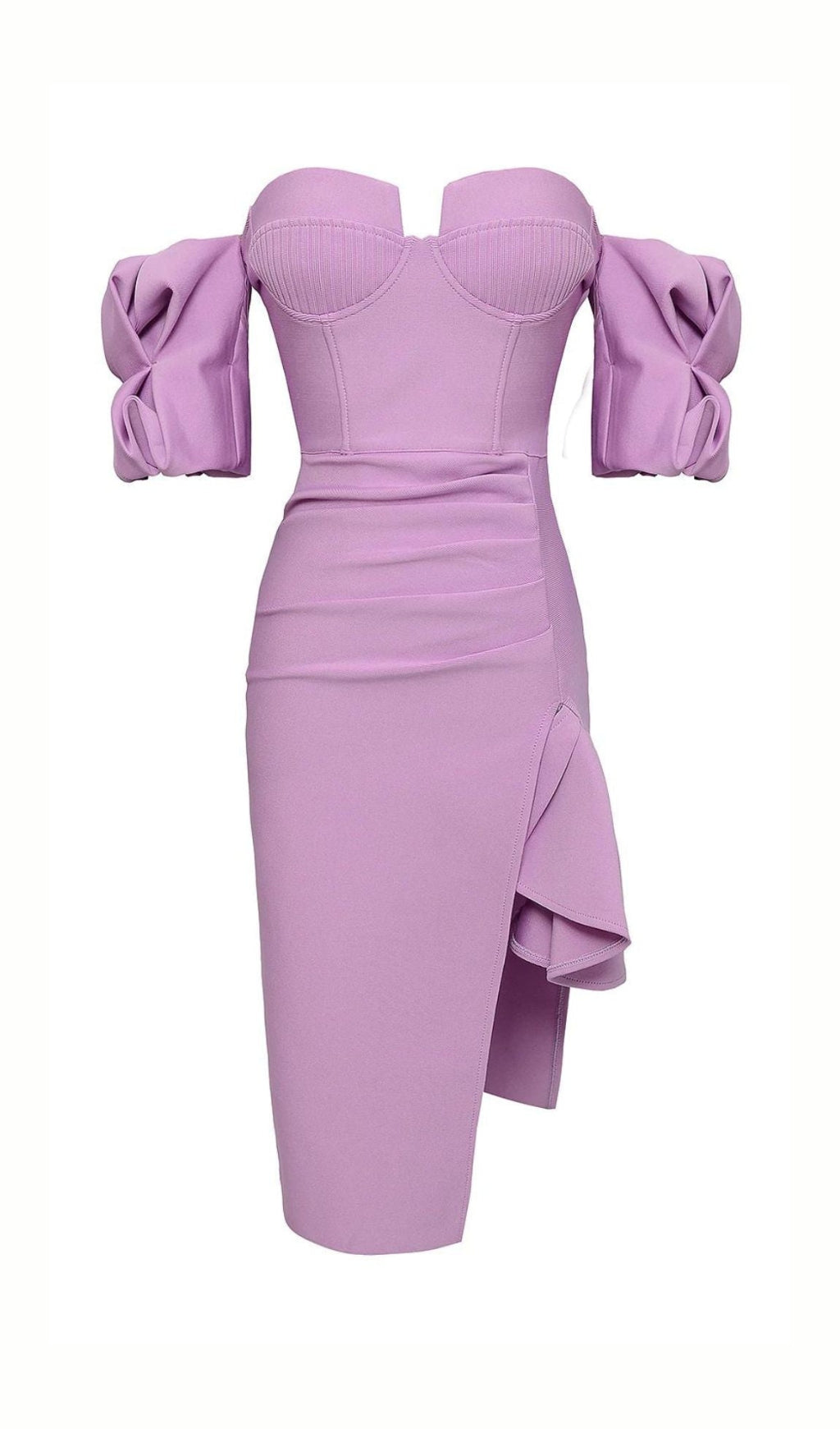 Vestido Vendaje Morado Strapless con Drapeado y Aberturas
