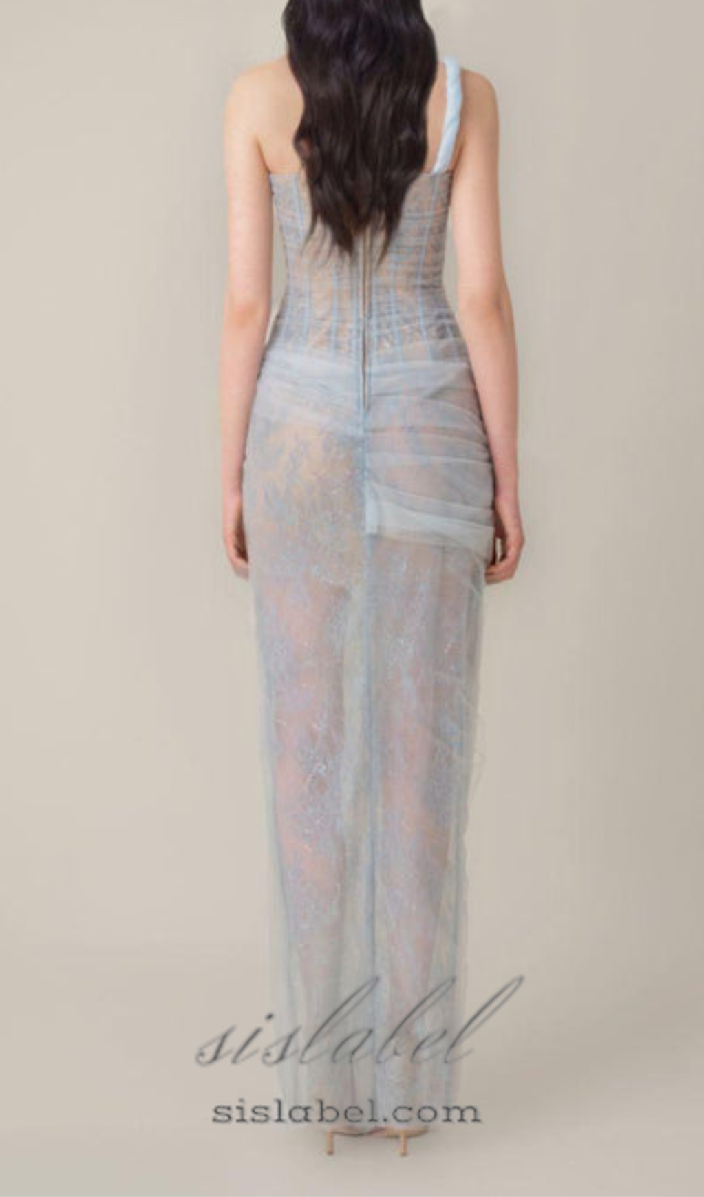 Vestido Midi Asimétrico Azul de Malla Fruncida