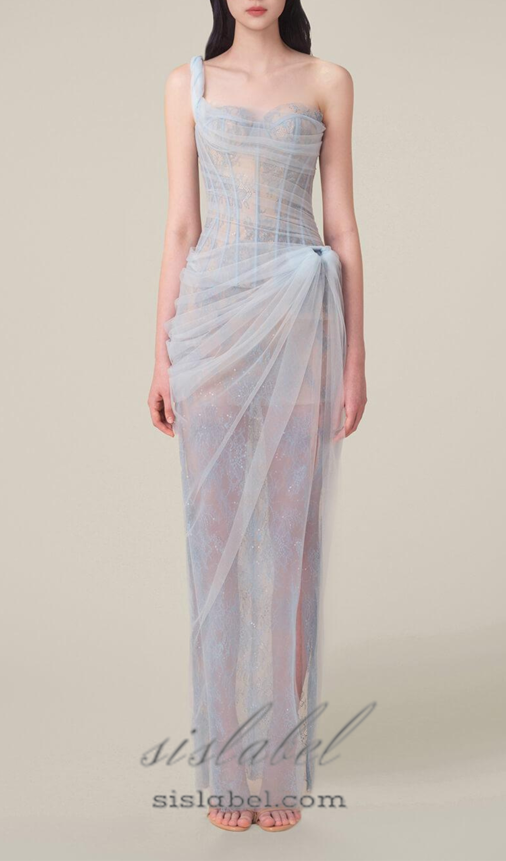 Vestido Midi Asimétrico Azul de Malla Fruncida