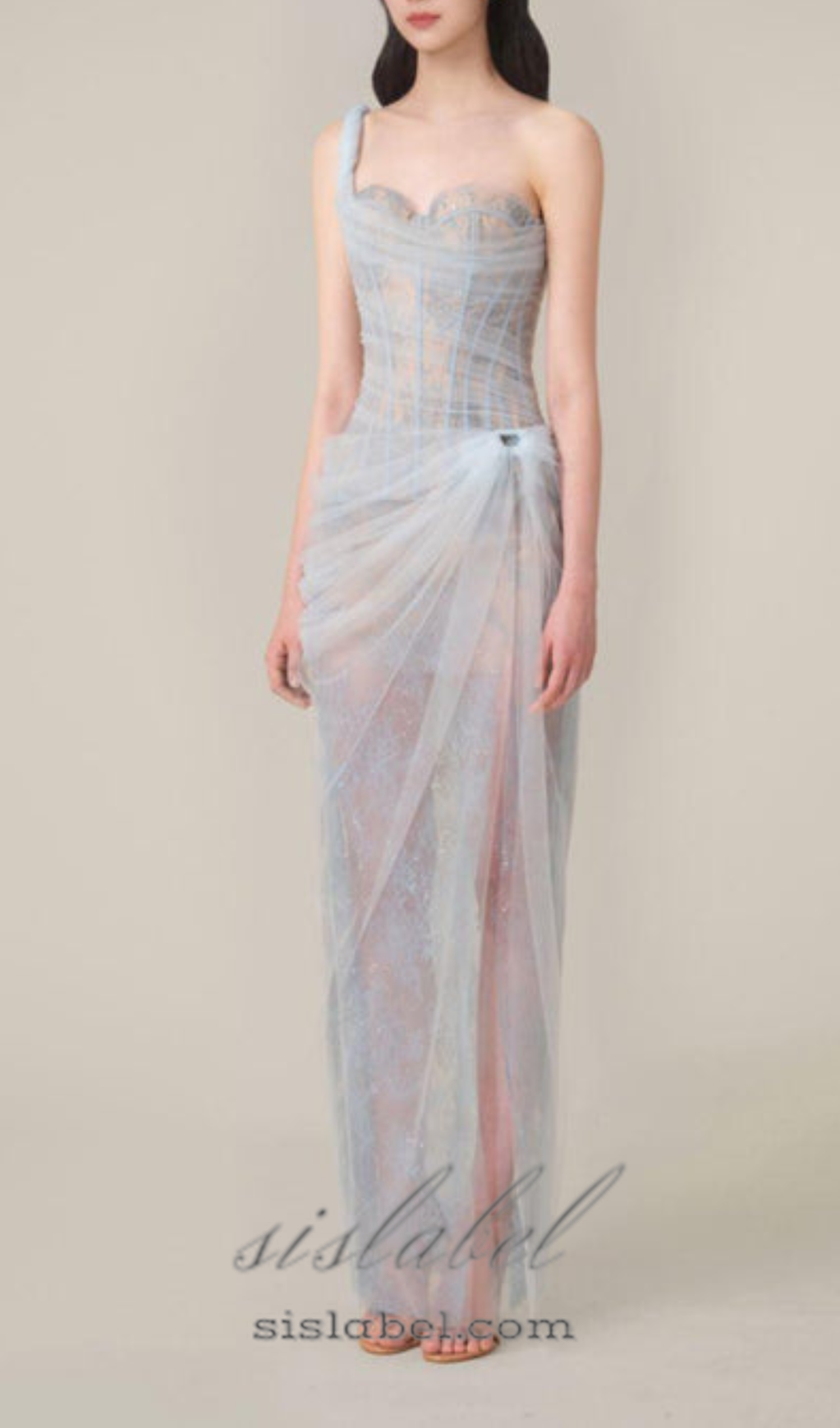 Vestido Midi Asimétrico Azul de Malla Fruncida