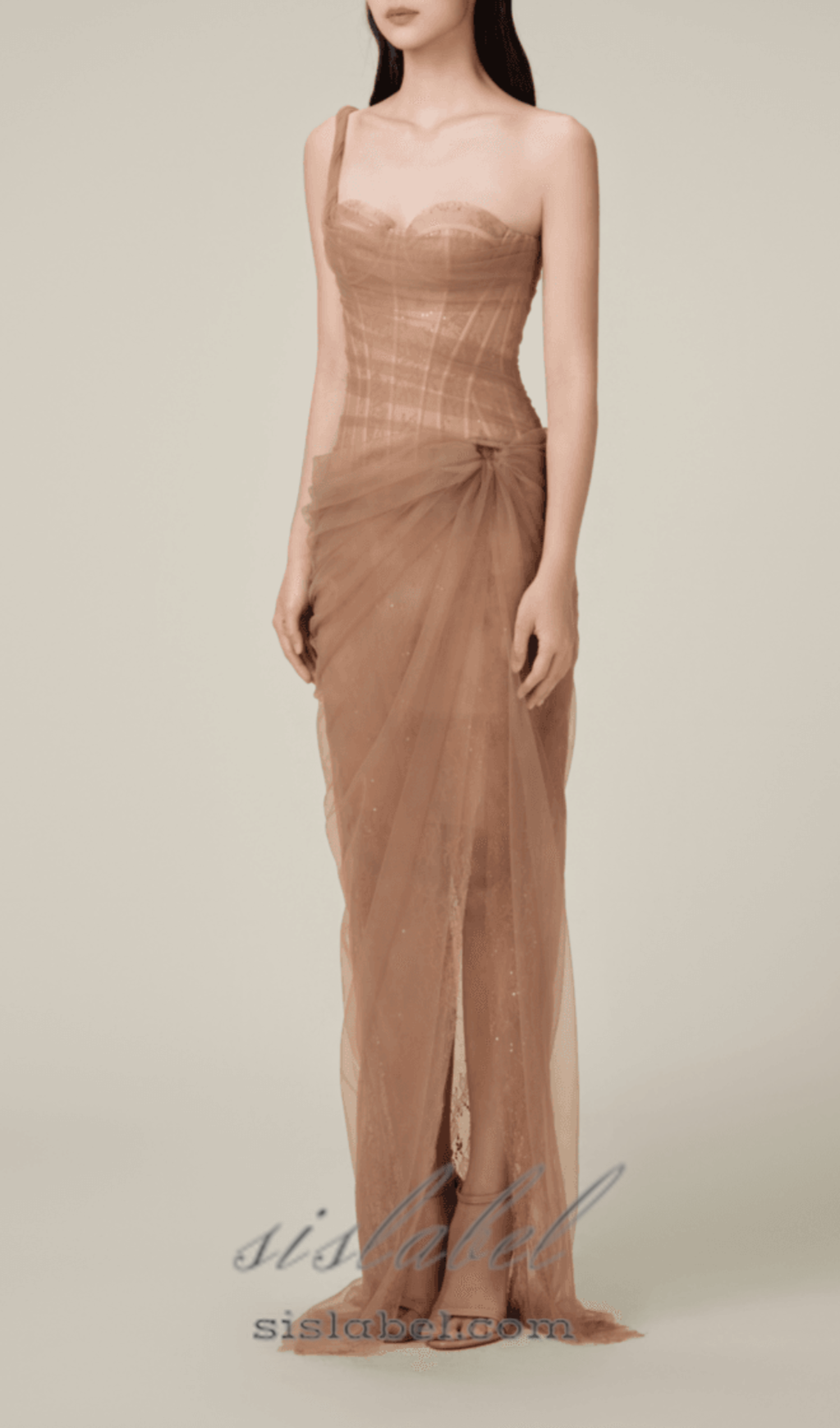 Vestido Midi Asimétrico de Malla Fruncida
