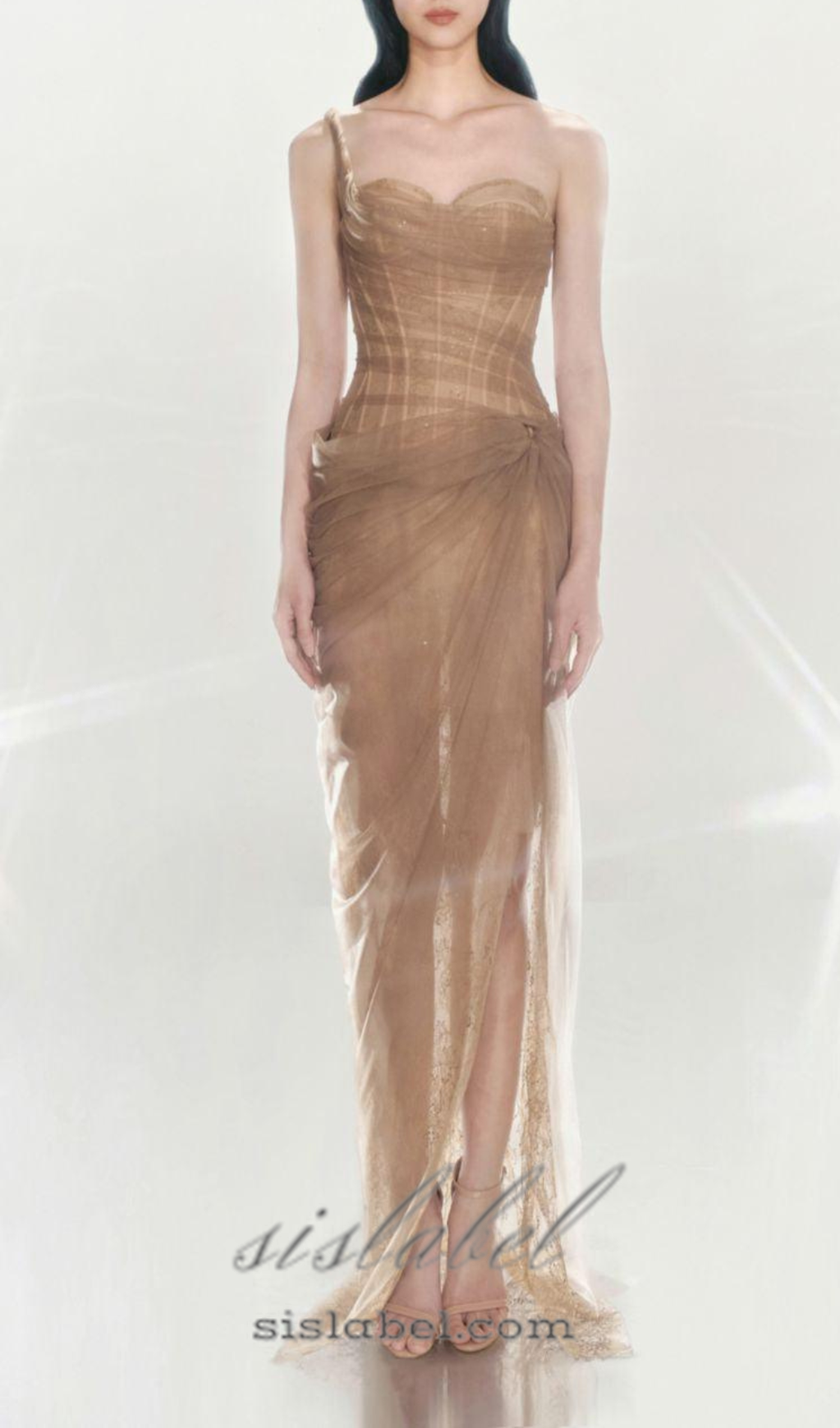 Vestido Midi Asimétrico de Malla Fruncida