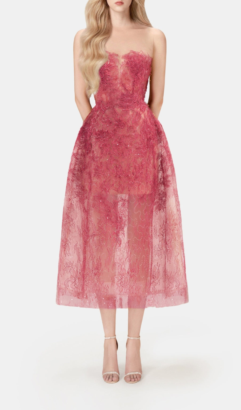 Vestido Midi Rojo de Encaje Floral Bordado