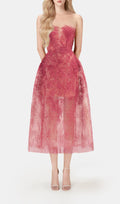 Vestido Midi Rojo de Encaje Floral Bordado
