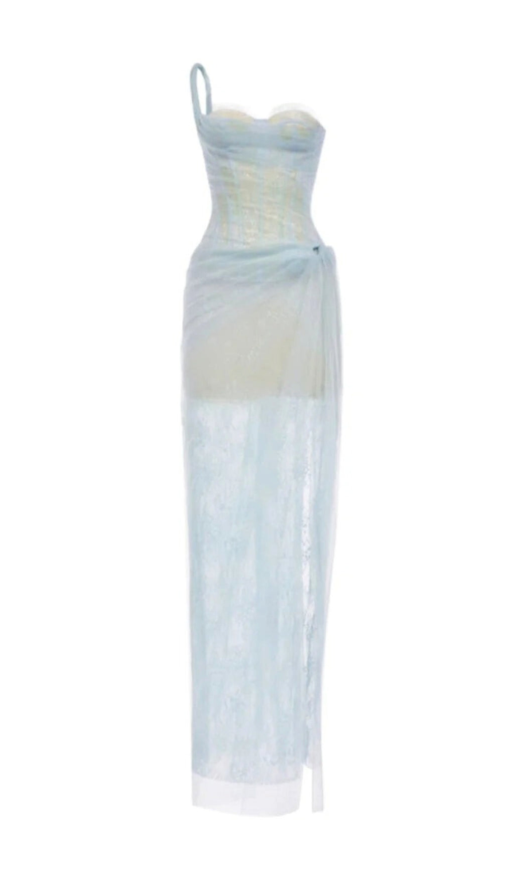 Vestido Midi Asimétrico Azul de Malla Fruncida