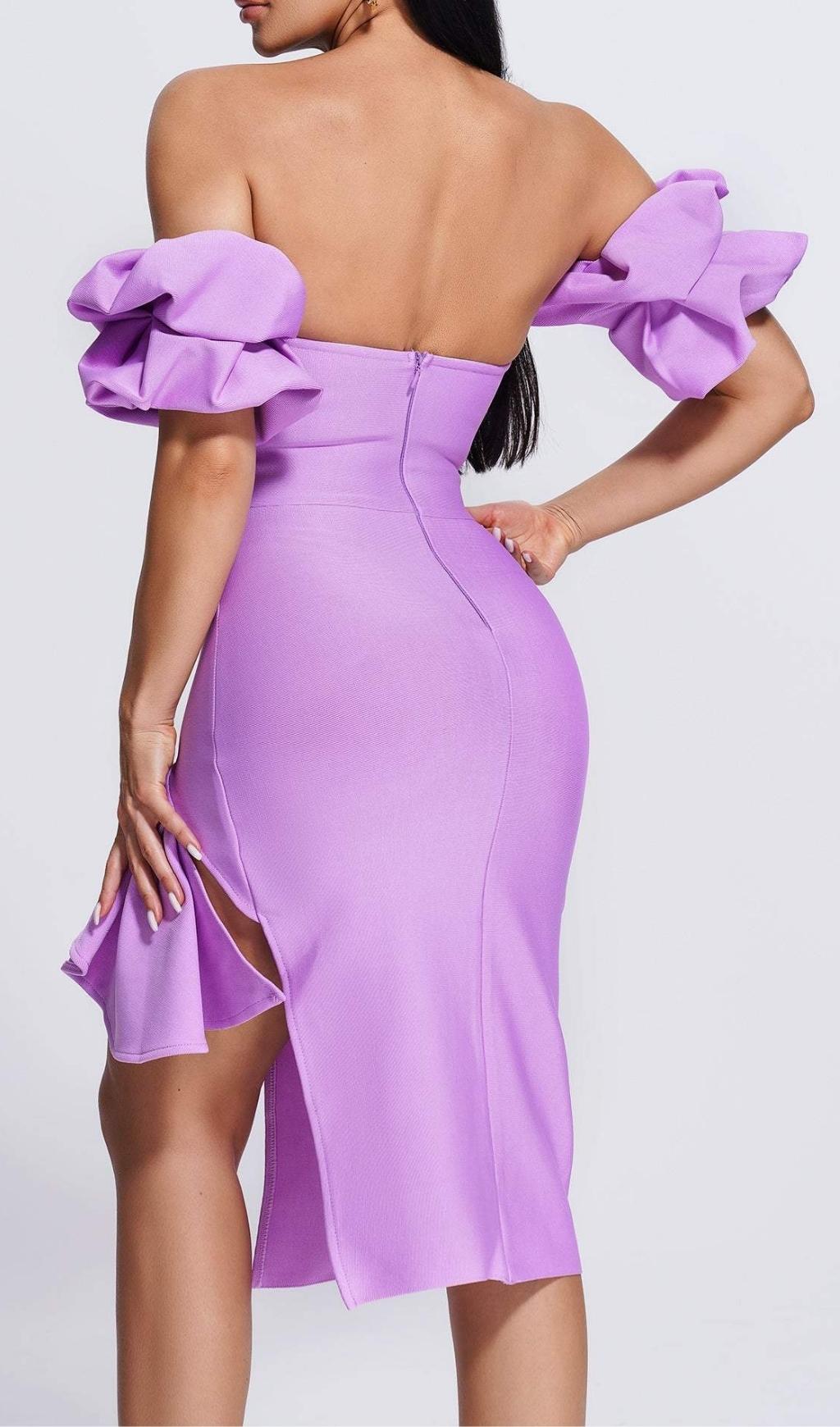 Vestido Vendaje Morado Strapless con Drapeado y Aberturas