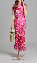 Vestido Midi Sirena Rojo de Malla Bordada Floral