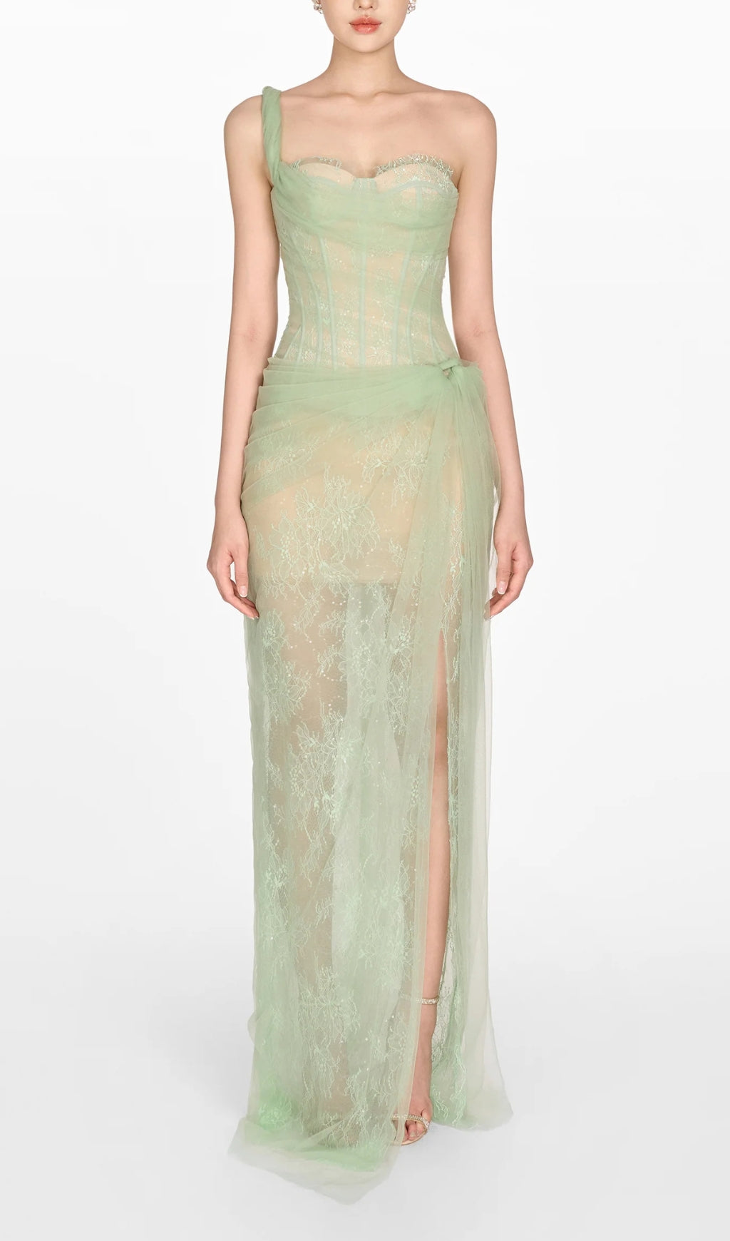 Vestido Midi Asimétrico de Malla Fruncida