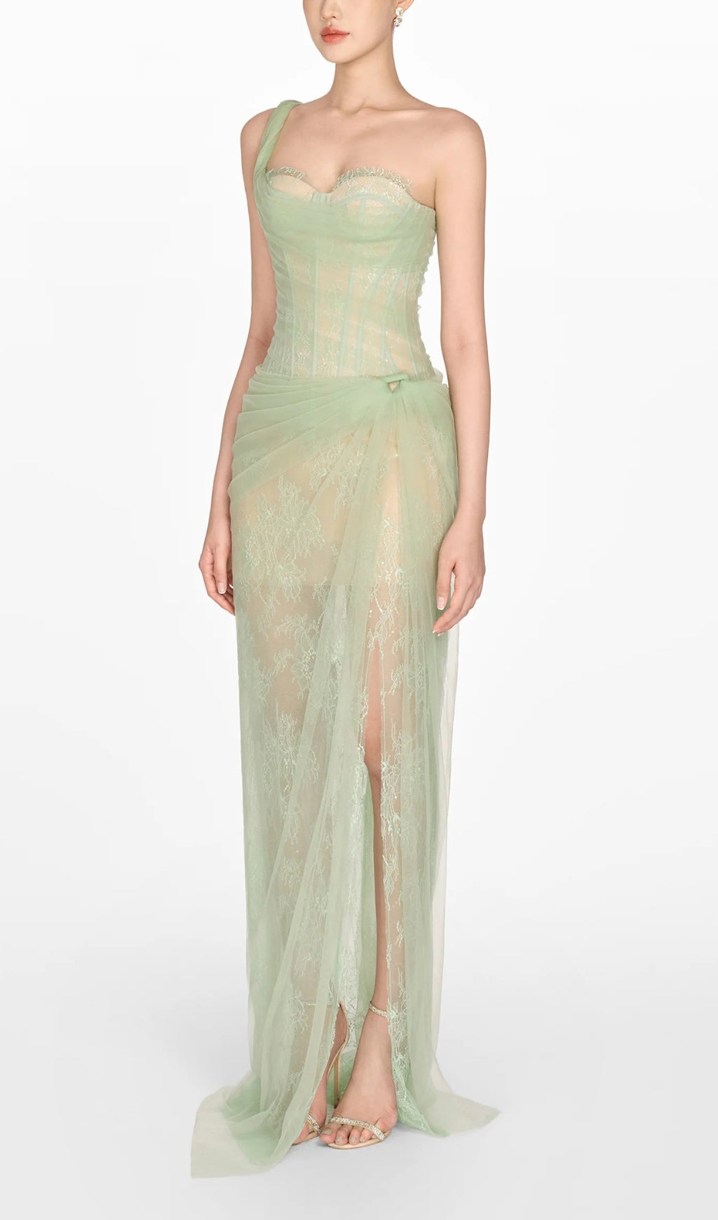 Vestido Midi Asimétrico de Malla Fruncida