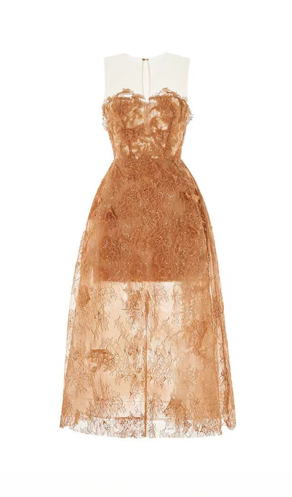Vestido Midi Caramelo de Encaje Floral Bordado