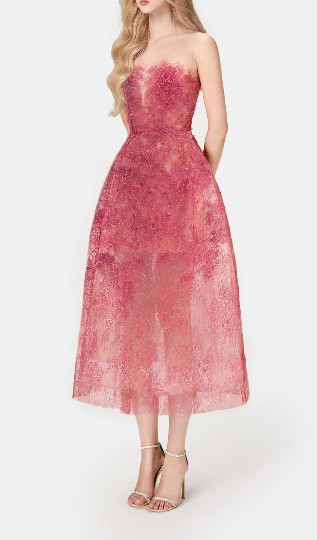 Vestido Midi Rojo de Encaje Floral Bordado