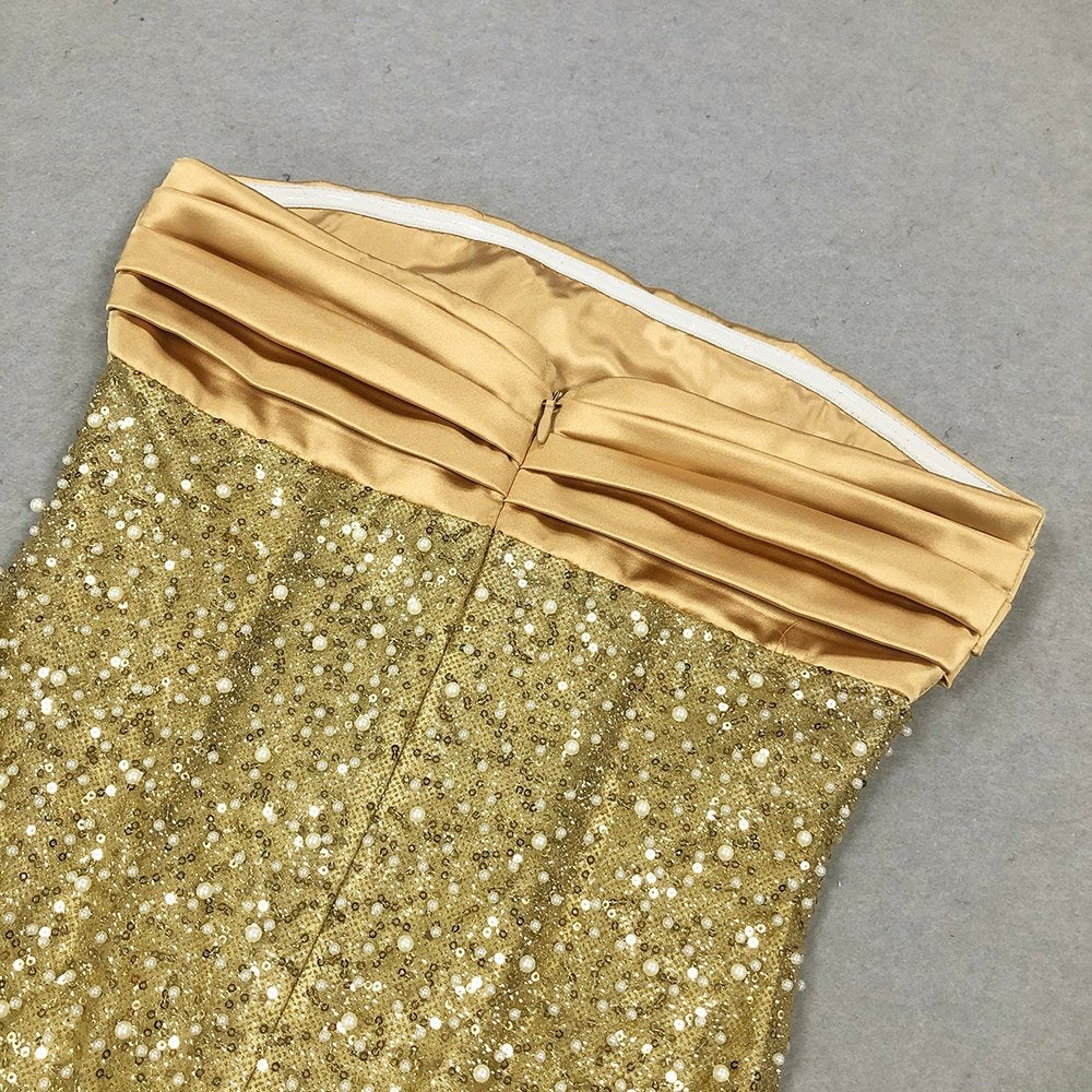 Vestido Maxi Dorado de Satén con Lentejuelas y Perlas