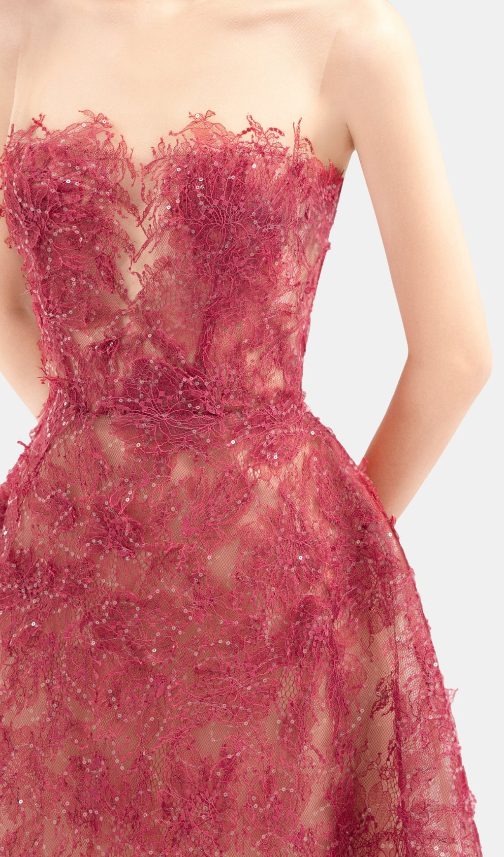 Vestido Midi Rojo de Encaje Floral Bordado