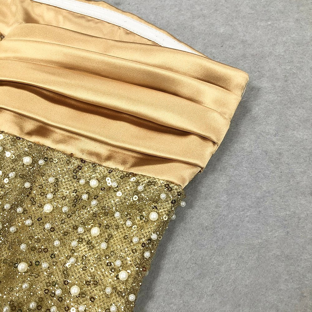 Vestido Maxi Dorado de Satén con Lentejuelas y Perlas