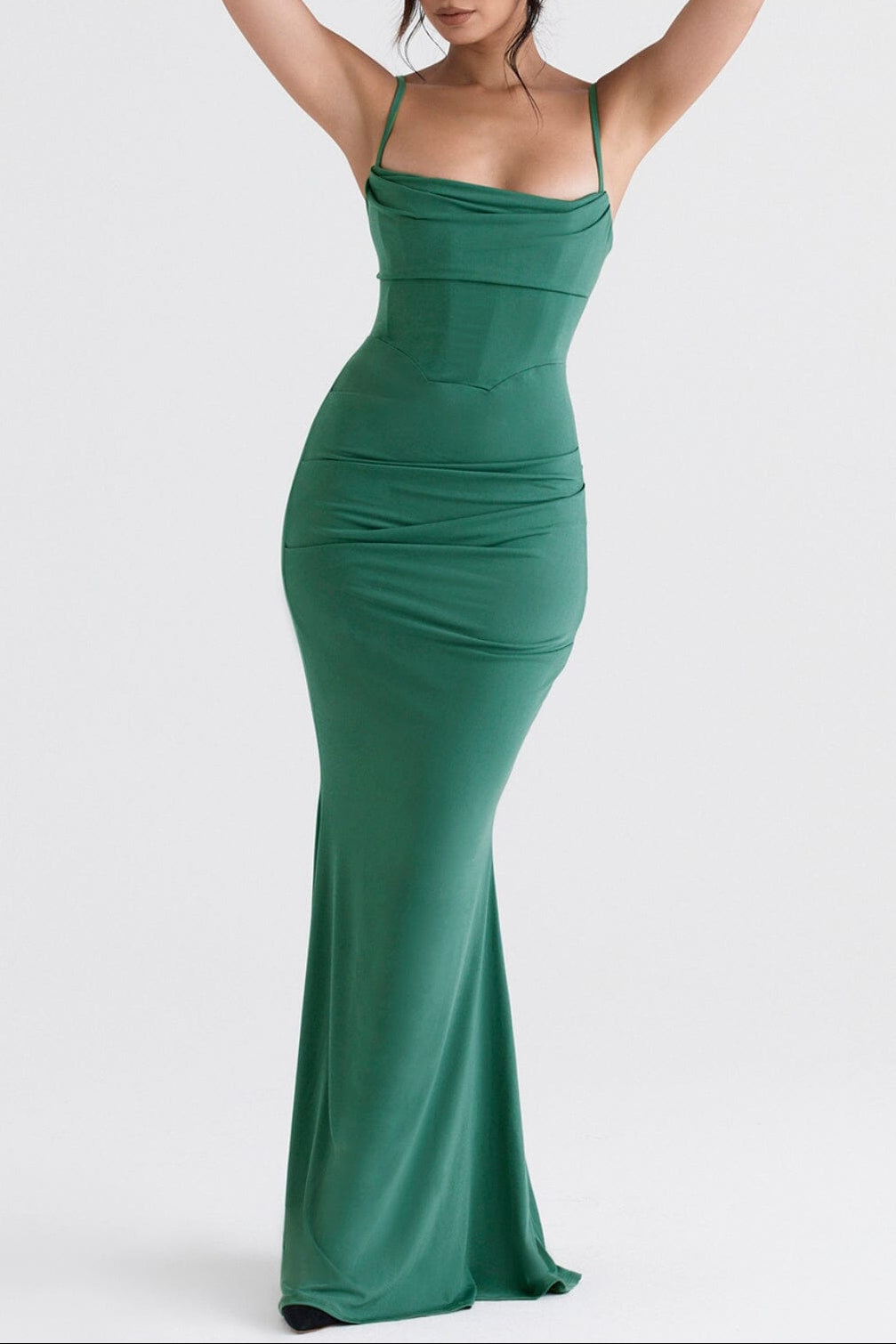Vestido Maxi Sirena Verde Bosque con Cuello Drapeado