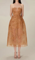 Vestido Midi Caramelo de Encaje Floral Bordado