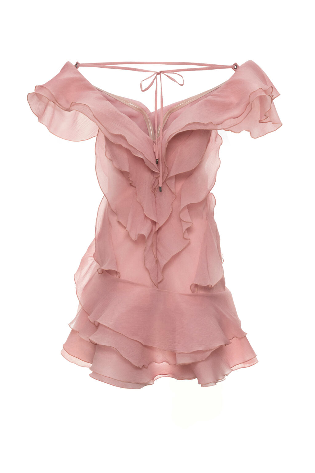 Vestido Mini Rosa Strapless de Capas con Volantes