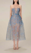 Vestido Midi Azul de Encaje Floral Bordado