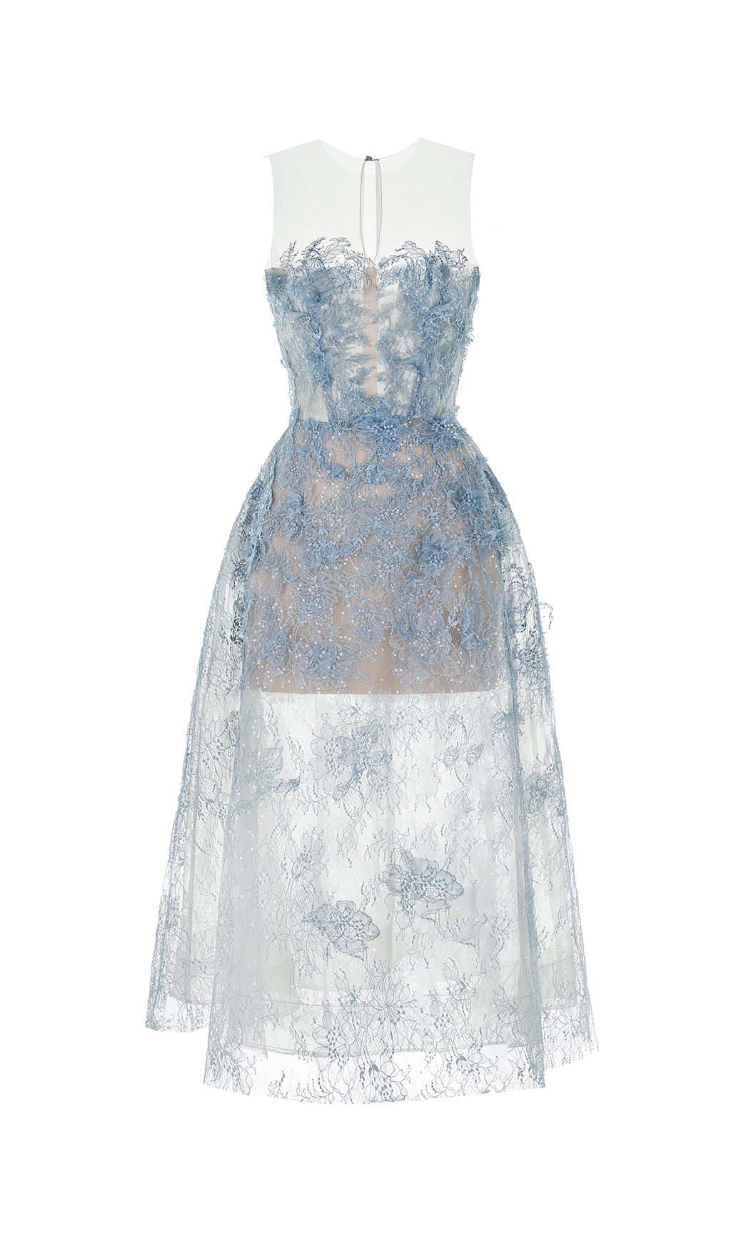 Vestido Midi Azul de Encaje Floral Bordado
