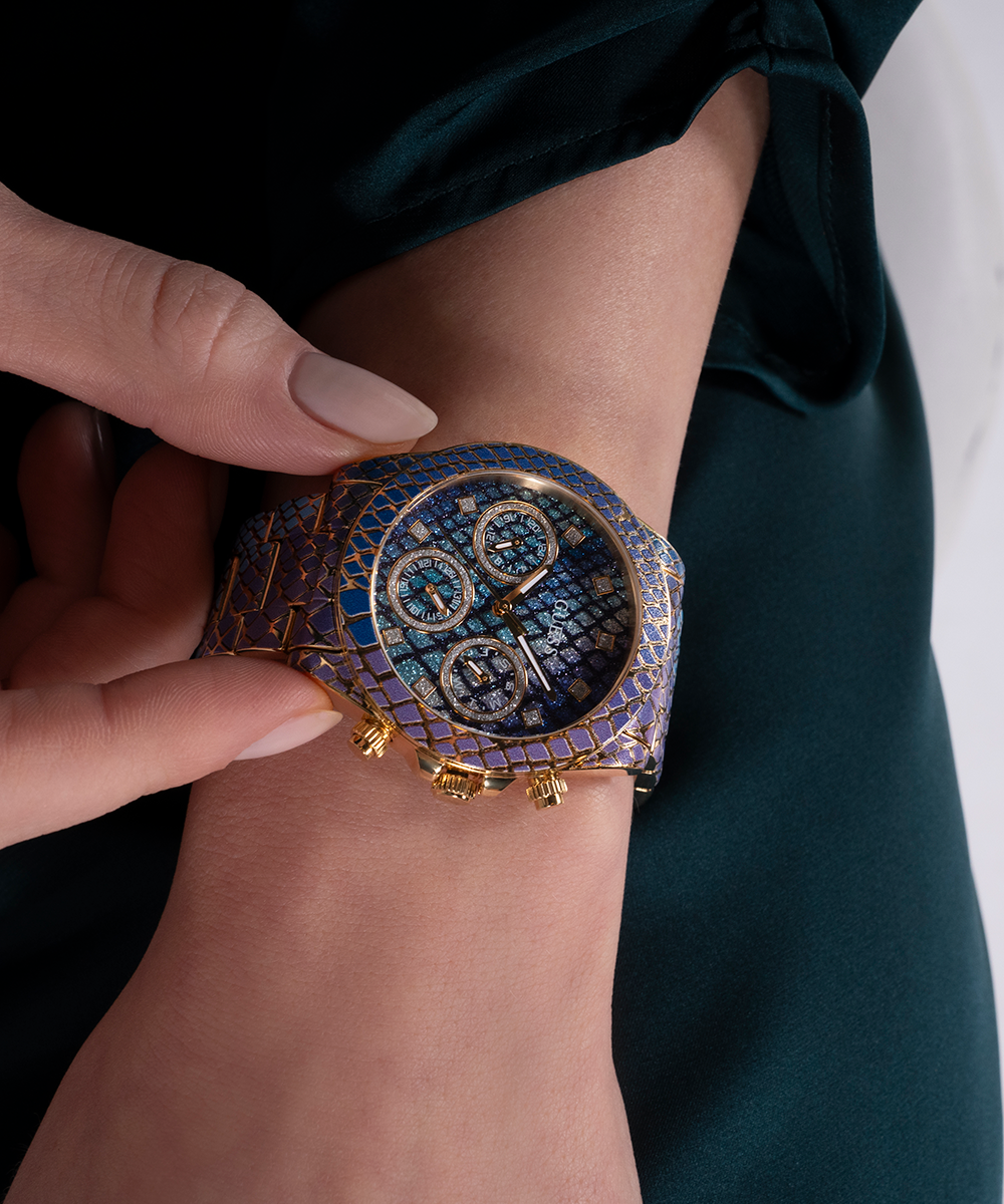 Reloj Multifunción Dorado Azul y Morado