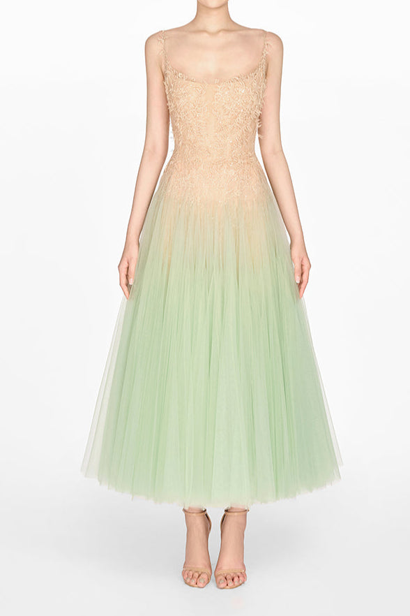 Vestido Midi Menta Degradado de Encaje