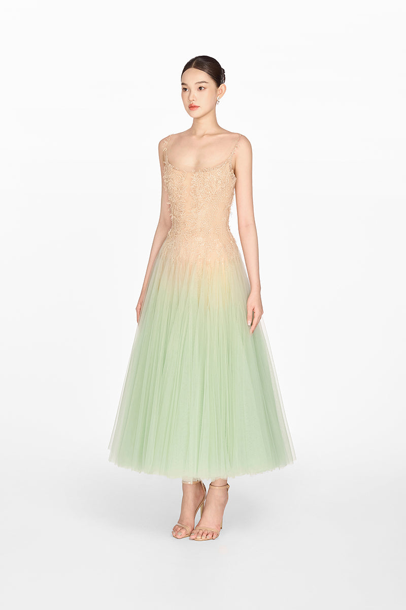 Vestido Midi Menta Degradado de Encaje