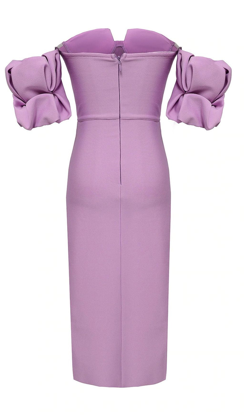 Vestido Vendaje Morado Strapless con Drapeado y Aberturas