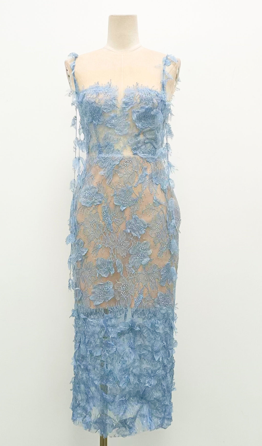 Vestido Lápiz Azul de Encaje con Pedrería