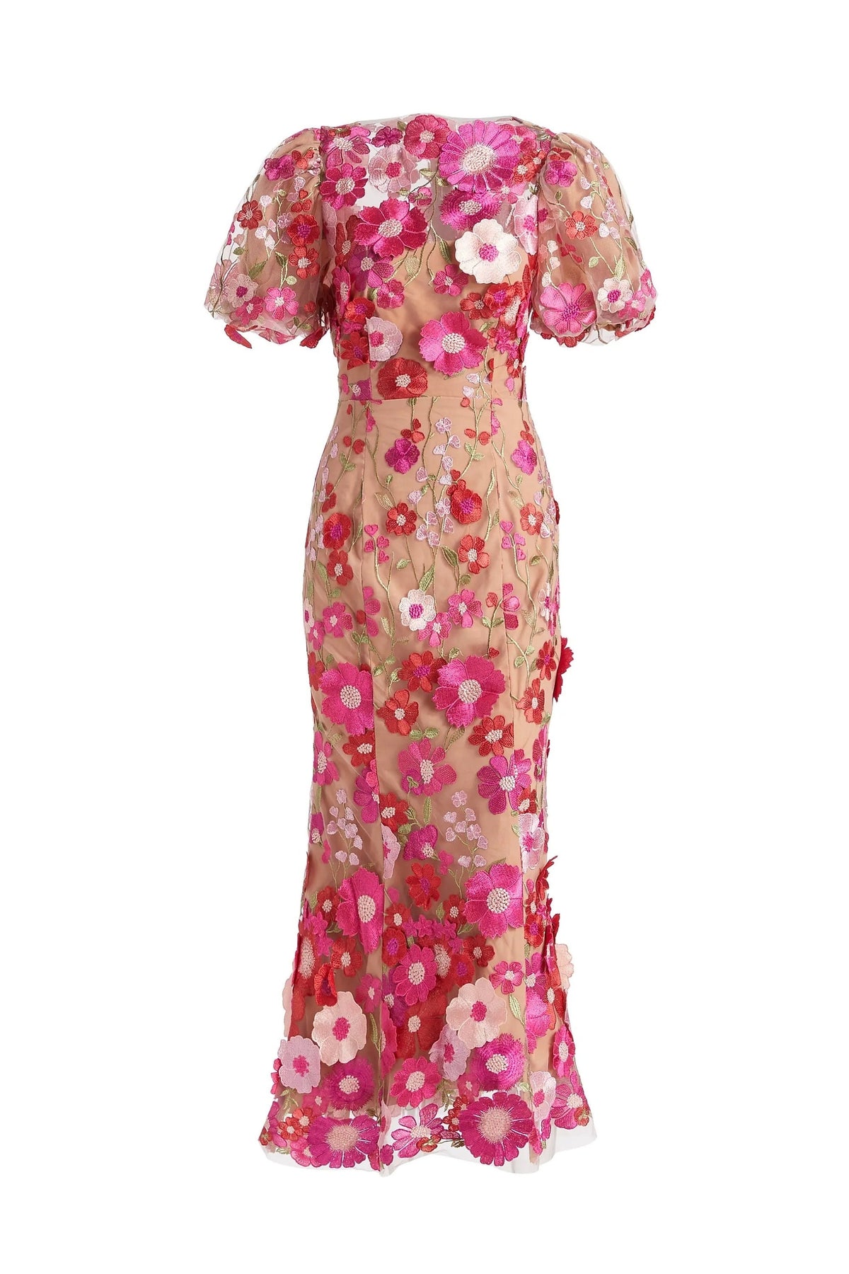 Vestido Midi Sirena Rojo de Malla Bordada Floral