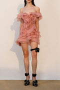 Vestido Mini Rosa Strapless de Capas con Volantes