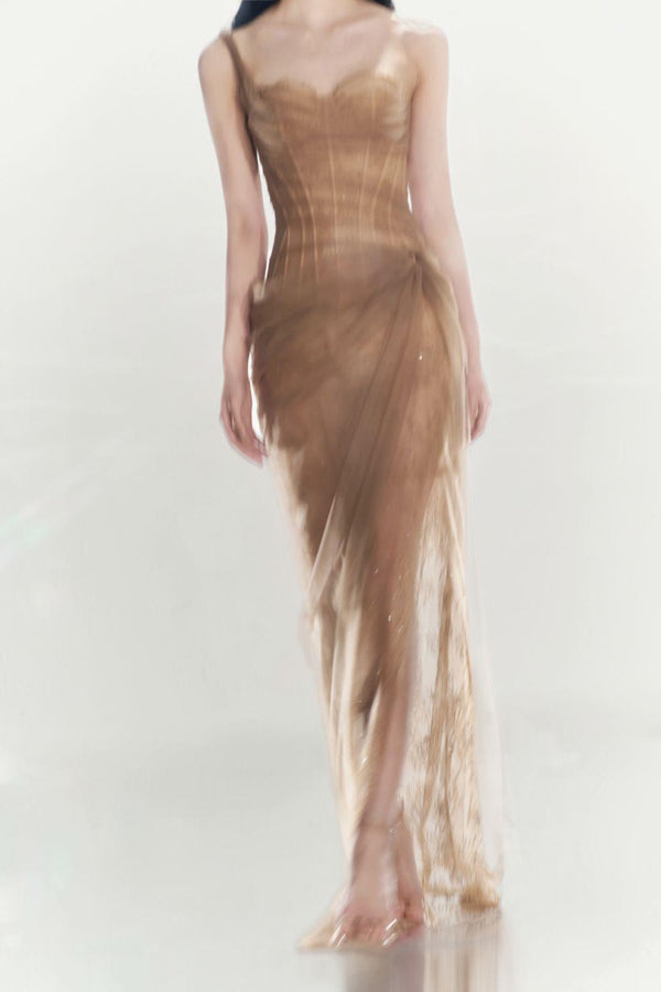 Vestido Midi Asimétrico de Malla Fruncida