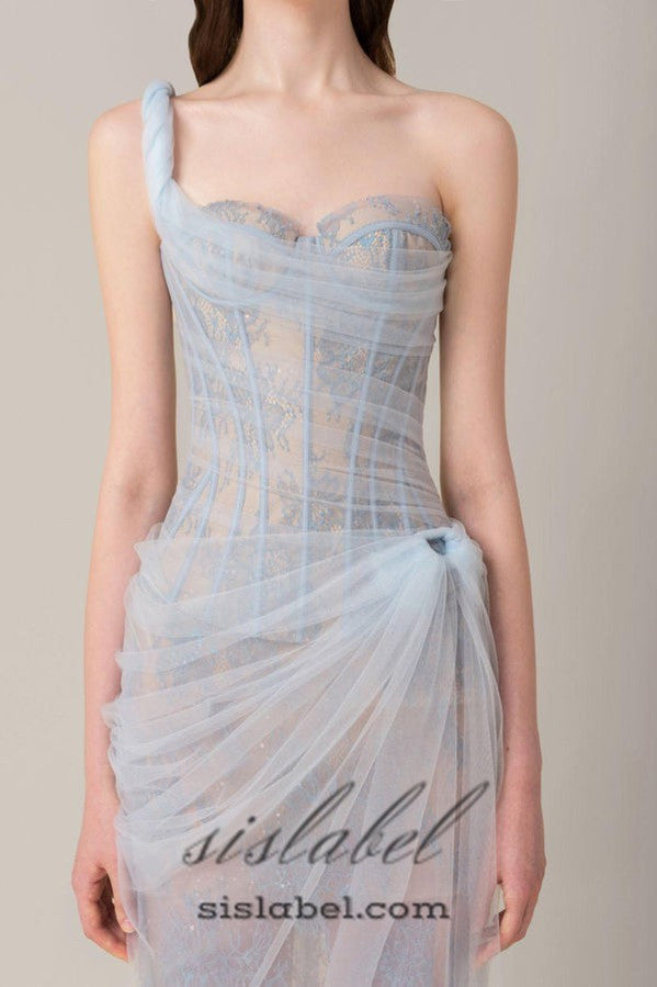 Vestido Midi Asimétrico Azul de Malla Fruncida
