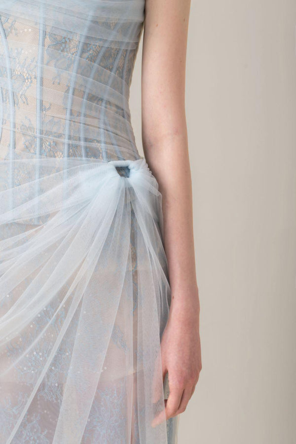 Vestido Midi Asimétrico Azul de Malla Fruncida